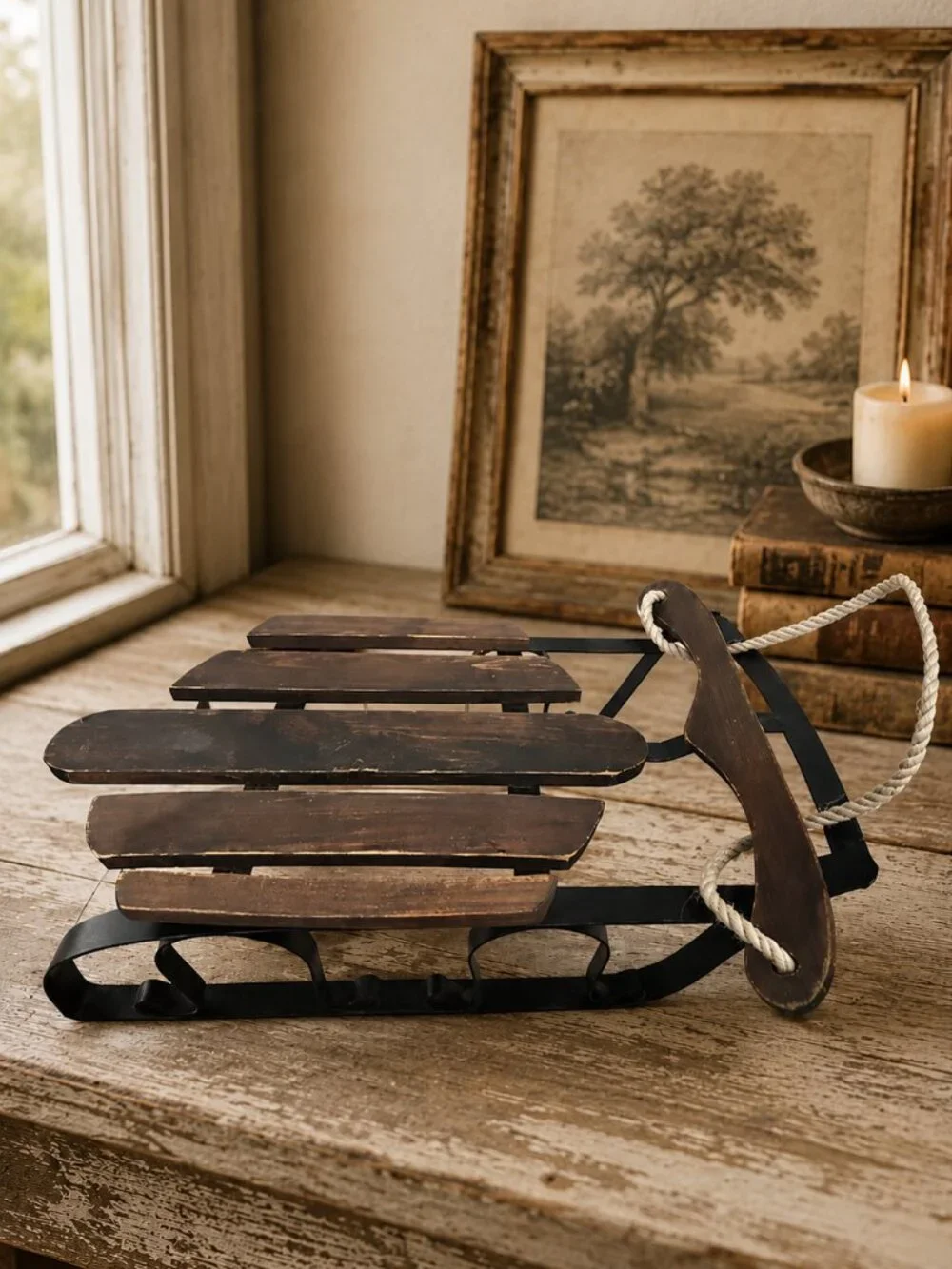 Vintage Rustic Primitive Wooden Snow Sled With Rope Porch Decor